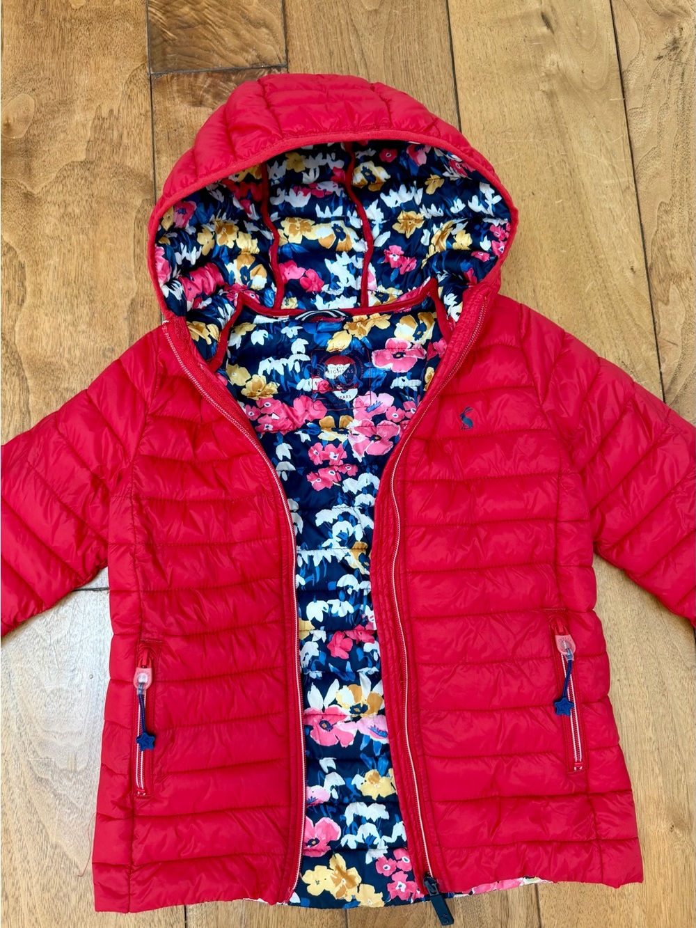 Joules Kinnaird Girls Red Floral Lined Puffer Jacket Size 7 Years